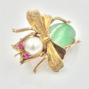 14k Gold Jade, Pearl, and Ruby Fly Brooch