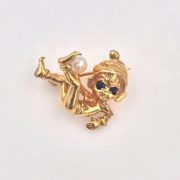 14k Gold Leprechaun Pearl and Sapphire Pin