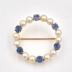 14k Gold Sapphire and Pearl Circular Brooch
