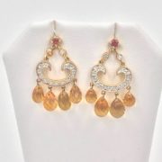 14k Gold Citrine, Garnet and Diamond Earrings