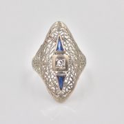 14k Gold Art Deco Era Diamond and Sapphire Filigree Ring