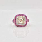 18k Gold Filigree Ruby, Mother Pearl and Diamond Art Deco Style Ring
