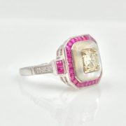 18k Gold Filigree Ruby, Mother Pearl and Diamond Art Deco Style Ring