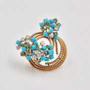 18k Gold Blue Turquoise, Diamond, and Cabochon Emerald Brooch