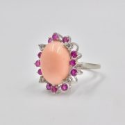 14k Gold Coral, Diamond, and Ruby Ring