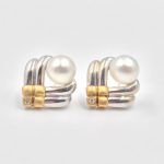 14k White/Yellow Gold Pearl Earrings with Diamond Accents